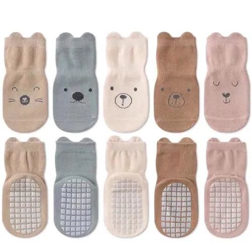 HAGOT 5 Pares Calcetines Antideslizantes Bebé, Bebés Calcetines Antideslizantes, Calcetines de Tripulación de Tobillo con Agarres, Calcetines de Algodón de Dibujos Animados para Niña Niños, M