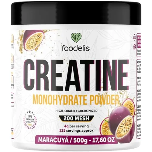 Foodelis Creatina Monohidratada en Polvo 500 g – Sabor Maracuyá – 100% Creatina Micronizada – Alta Pureza – Sin Aditivos – Vegana – Alta Solubilidad – Incluye Dosificador