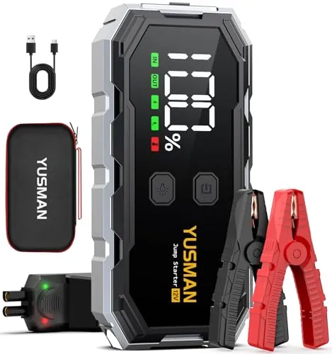 YUSMAN Arrancador de Coche, 8000A Arrancador de Baterias de Coche,12V Arrancador de Portátil con para All Gasolina o 10L Diesel, Linterna LED de Emergencia,Carga Rápida, Pantalla LCD Extragrande