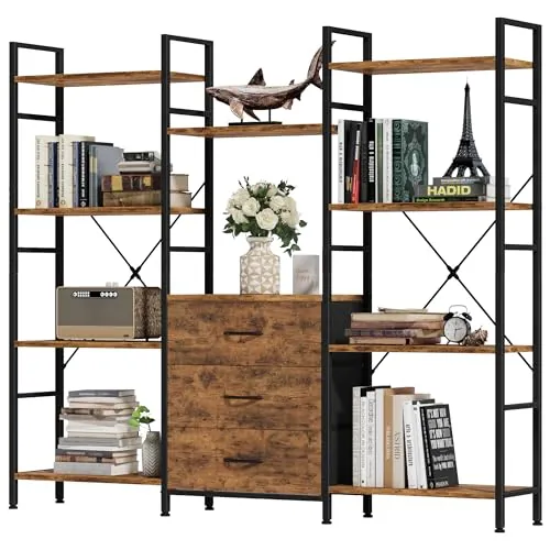 OYRREU Libreria Estanteria 4 Niveles 150W x142Hcm 3 Cajones, Marrón Rústico