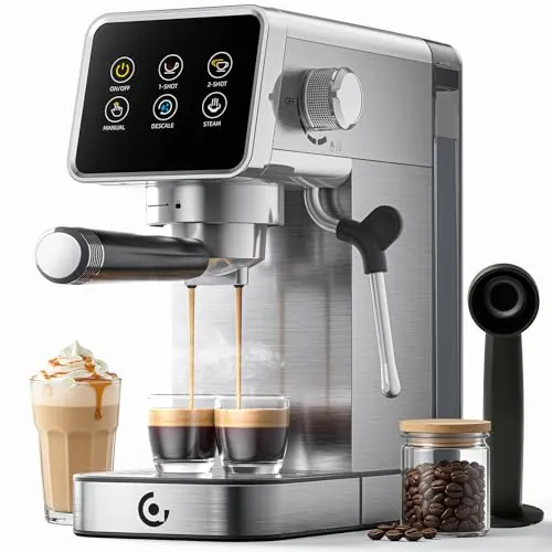 AMZCHEF Cafetera Espresso 20 Bares con Pantalla Táctil LED, Espumador de Leche de Acero Inoxidable, Función de Descalcificación, Depósito de 1,2 L, para Espresso, Cappuccino y Latte Macchiato