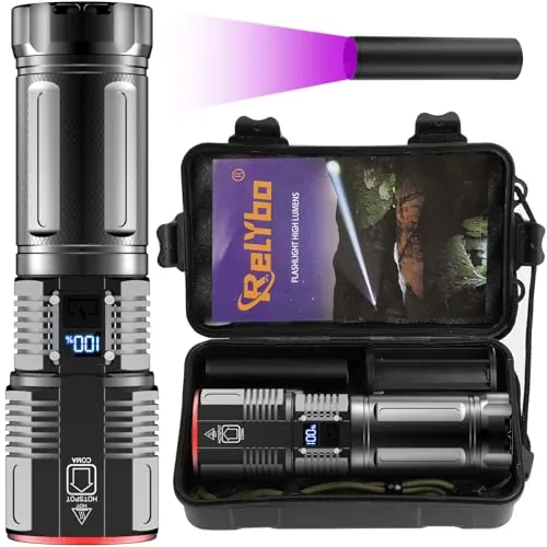 Relybo 1000000 Lúmene Linternas LED Alta Potencia, Regulación Continua | Recargable USB-C, Zoom, Largo Alcance, 4 Modos Fijos, Pantalla LCD, Linterna Grande, Potente, Emergencia Camping Exterior