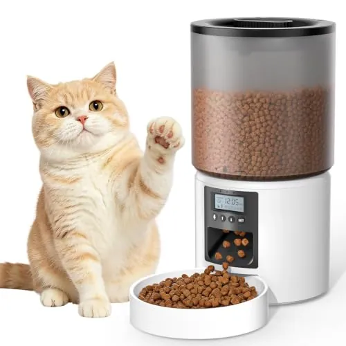 PETVION Automatic Cat Feeder 4L 1-6 Comidas al Día | Dispensador Comida Gatos con Porciones Ajustables voz 10s USB/pilas y Tapa Antihumedad para Gatos y Perros Pequeños