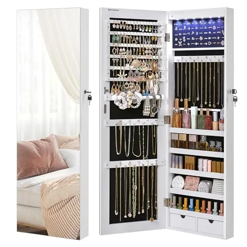 SONGMICS Espejo Joyero de Pared, Espejo Joyero Colgante sin Marco, Armario de Joyas con 6 LEDs para Colgar en la Pared o en la Puerta, Gran Capacidad con 2 Cajones, Blanco JJC99WT