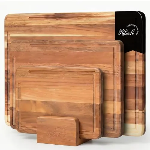 Ribech Set de Tablas de Cortar 3 Piezas de Madera de Acacia Sólida con Soporte | 40x30cm 33x24cm 26x18cm | Tablas de 2cm de Grosor con Surco