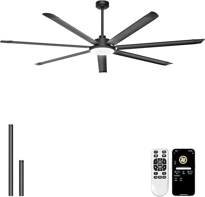 Ohniyou Ventilador de Techo de 213 cm con Luz - Ventiladores de Techo Industrial Grande con Control Remoto/APP, 7 Aspas de Aluminio, Motor DC Silencioso para Interior Exterior Terraza Garaje, Negro