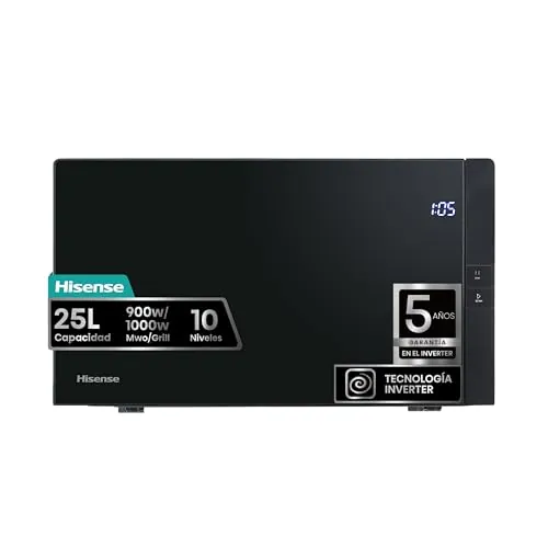 Hisense H25MOBS4HGI - Microondas Digital con Grill 25 Litros, 1000W, Inverter Expert, Descongelación Rápida, Calentamiento Uniforme, Silencioso, Revestimiento Cerámico, Cristal Premium, Modo ECO