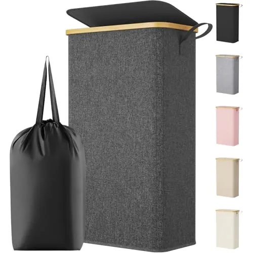 Lifewit Cesto Ropa Sucia Estrecho con Tapa, Cesto de Ropa Plegable con Bolsa Extraíble y Asa, Cesta Ropa Sucia de Bambú, Cubo de Ropa para Dormitorio, Baño, Lavandería, Dormitorio, 80 L, Gris Oscuro