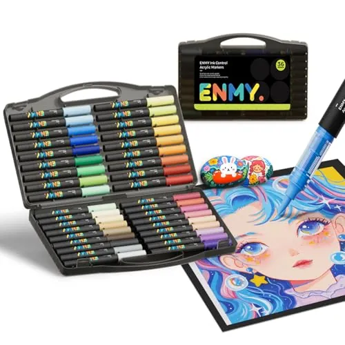 ENMY 36 Colores Marcadores Creativos de Pintura Acrílica, Rotuladores Acrílicos a Base de Agua, Punta Pincel, Plumones acrilico Líquida, para madera, piedra, lienzo, vidrio, tela