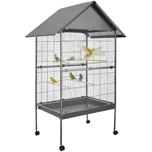 tectake® Pajarera con Ruedas Bloqueables y Bandeja Extraíble, Jaula Pajaros para Loro, Canario, Ninfas y Periquitos, Incluye Comedero, Bebedero y Rejilla Inferior Segura - 85 x 60 x 168 cm