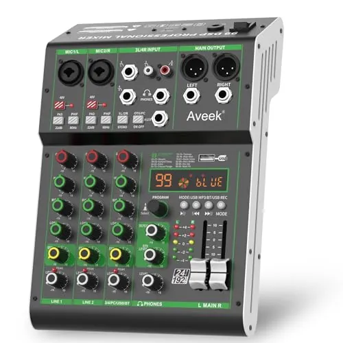 Aveek Mezclador de Audio,Mesa de Mezclas Profesional con USB/Bluetooth/Ordenador/Mezclador DJ de 4 Canales de Entrada Estéreo,48V Phantom Power 99 Efecto DSP para PC Estudio de Grabación Streaming