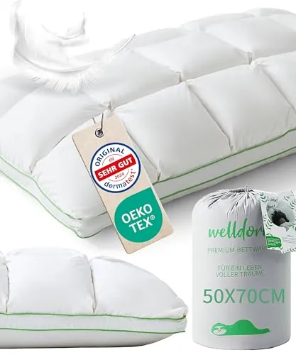 Welldora Almohada Premium 50x70 cm, 100% Fibras de plumón y Plumas, Media