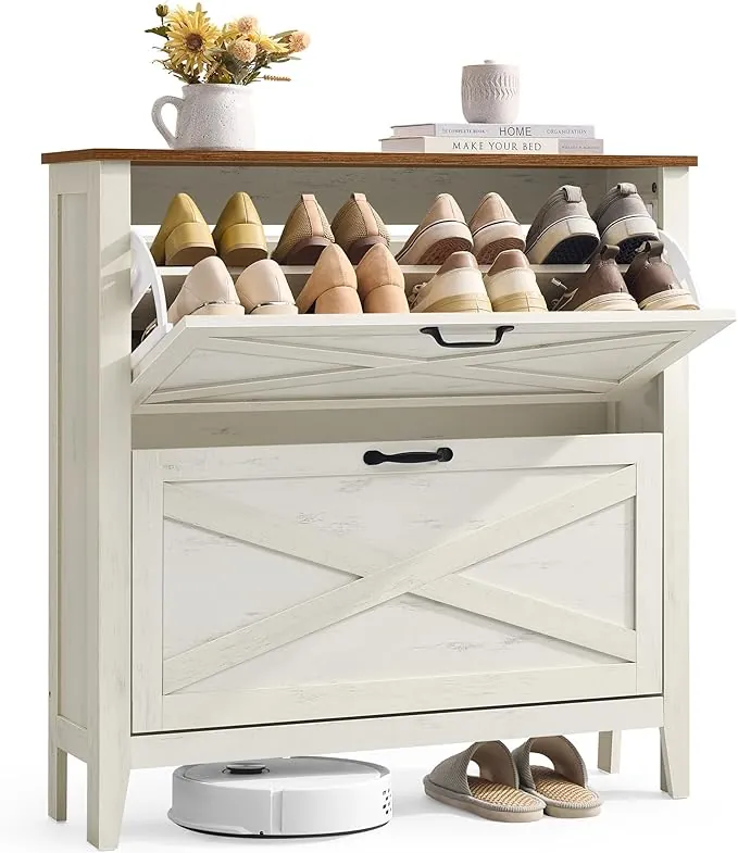 VASAGLE LIRY Colección - Mueble Zapatero, con 2 Cajones Abatibles, Zapatero Estrecho Independiente para Entrada, Estilo Rústico, para 12 a 16 Pares, Blanco Rústico HSC201W01