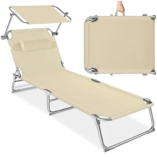 tectake® Tumbona 190x68x111 cm, Plegable, Ajustable en 4 Posiciones, Resistente a Intemperie, Transpirable, con Toldo, Reposacabezas y Asa de Transporte; Tumbona para Jardín, Piscina y Terraza - Beige