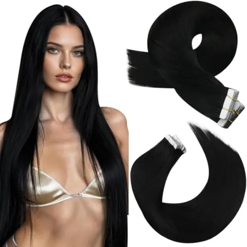 Moresoo Extensiones Adhesivas Pelo Natural Negro 60cm 50g 20 Piezas | Extensiones de Cabello Humano Remy, Textura Sedosa, Volumen y Largo Extra, Para Mujeres, Para Bodas y Celebraciones