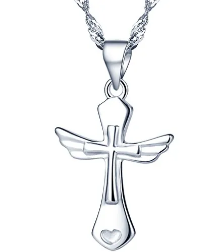 Yumilok 925 Plata de Ley, Cruz, Alas de Ángel, Corazón, Colgante, Collar con Colgante para Mujer o Niña