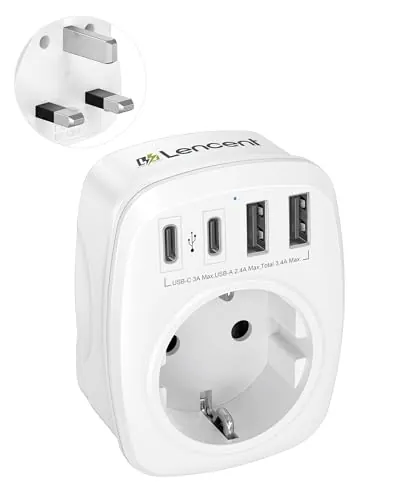 LENCENT Adaptador Enchufe Reino Unido, Cargador Inglaterra Viaje con 2 USB-C y 2 USB-A, Adaptador Europa Portugal a UK para Escocia, Irlanda, Gales, Maldivas, Gran Bretaña, Tipo G