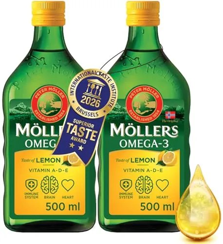 Moller’s ® | Aceite de hígado de bacalao | Complemento dietético con omega-3 EPA, DHA y vitaminas A, D y E | Sabor Limón | 500 ml x 2