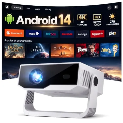 2026 Proyector Inteligente Portátil, Android 14 con Apps Integradas, Soporta 4K y 1080P, WiFi 6 y Bluetooth 5.4, 270 ANSI, Bajo Ruido (<30dB), para Cine en Casa y Exterior (Blanco-Negro)