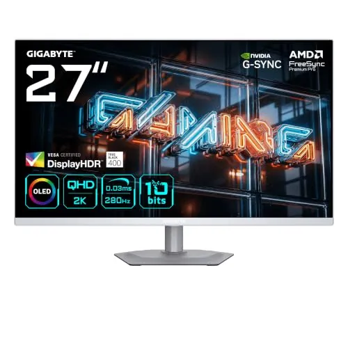 GIGABYTE MO27Q2A Ice Monitor Gaming OLED 27” 2K QHD - 2560 x 1440, 280Hz, 0.03ms, 250 CD/m², FreeSync Premium Pro, DisplayHDR True Black 400, HDMI 2.1, DisplayPort 1.4
