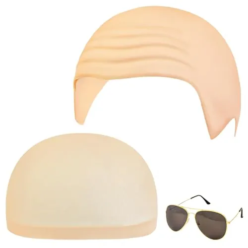 Alaoo Gorro de Cabeza de Peluca Calvo, 3 PCS Gorro de Peluca de Calavera | Gorro Red Peluca Elástico de Cabeza,Hombre Gafas De Sol para Carnaval, Fiesta de Disfraz,Cosplay Accesorios