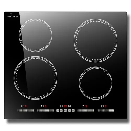Placa de Inducción 4 Fuegos DELITEER, Encastrable 60 cm | Función Boost, Control Táctil Individual, Temporizador, Placa 4 Fuegos Autosuficiente, 220V~240V, 7200W, Sin Enchufe