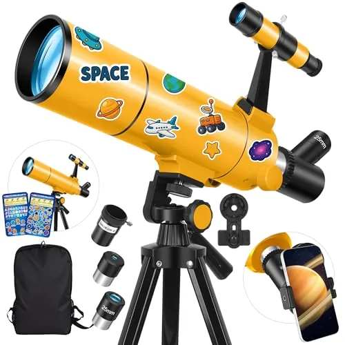 HUGERSTAR Telescopio Astronómico Profesional para Adultos y Niños Principiantes, 80/500 mm Telescopio Refractor Portátil con Trípode Ajustable, Adaptador para Teléfono, Mochila y Pegatinas Espaciales