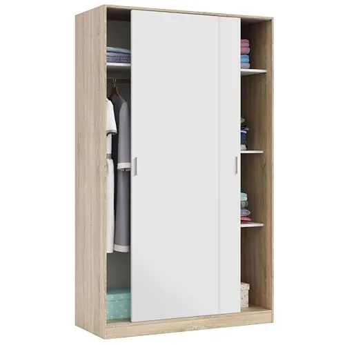 Habitdesign Armario 2 Puertas Correderas y Estantes, 200x120x50 (AltoxAnchoxFondo - en cm). Ropero Dormitorio Principal, Armario Infantil, Color Blanco Artik y Roble Canadian