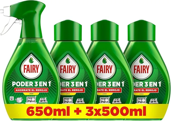 Fairy Pack Poder Sin Remojo Limón Spray 650ml + 3 Recambios 500ml, Antigrasa y Limpieza Rápida para Vajilla y Cocina