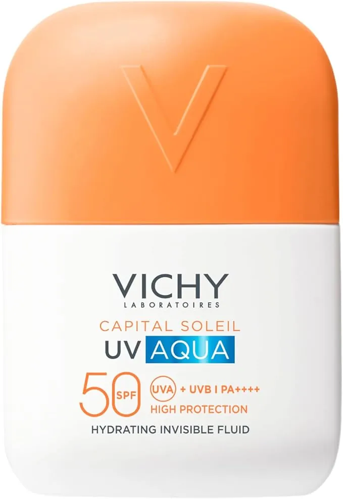 Vichy UV Aqua Fluido Hidratante Invisible SPF50, para todo tipo de pieles, con complejo antipérdida de agua, vitamina CG, vitamina E y glicerina, 50 ml