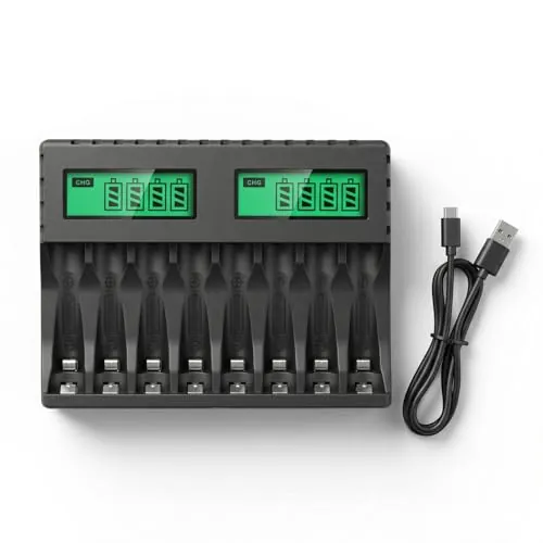 Carehabi Cargador Pilas Recargables AA y AAA Ni-MH con 8 Ranuras, Cargador de Pilas Recargables con Pantalla LCD y USB-C, Cargador de Batería (1.2V)