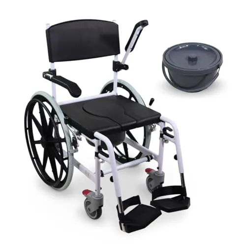 Mobiclinic®, Silla de Baño con Ruedas Autopropulsable, Inodoro Portátil, Con Cubeta Extraíble, Autopropulsable, Altura Regulable, Reposapiés y Reposabrazos Abatibles, Calígula