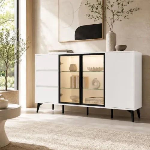 PREMTURE Aparador con Puertas de Cristal y LED, Mueble Blanco 160 cm | Aparador moderno con vitrinas de vidrio | Luz LED | Gran almacenamiento para salón y comedor