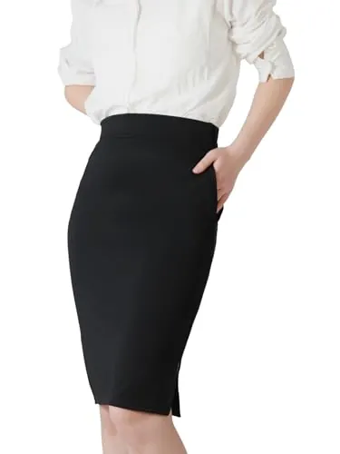 DGSHIRLDJO Falda de lápiz para mujer, falda elástica entallada de largo hasta la rodilla con bolsillos, falda de mujer para negocios casuales, Negro, S
