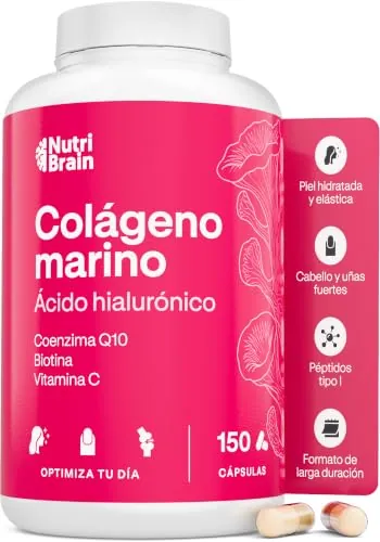 Colágeno Marino Hidrolizado Puro con Ácido Hialurónico, Coenzima Q10-150 días - Vitamina C y Biotina - Alta Biodisponibilidad - Péptidos Tipo I - Articulaciones, Piel, Pelo y Uñas - NUTRIBRAIN