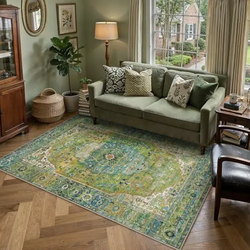 PureCozy Verde Alfombra Salon 160x230cm Habitacion Alfombras | Lavable, Antideslizante, Carpet, Vintage, Tapete, Dormitorio, Sala, Comedor, Oficina, Pelo Corto