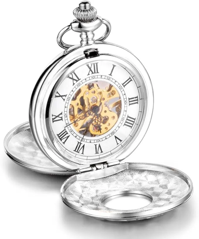 Unendlich U Infinito U Esqueleto Números Romanos Acero Grande Dobles Tapas Reloj de Bolsillo Mecánico Collar Plateado