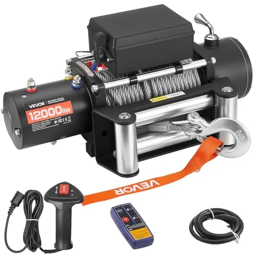 VEVOR Cabrestante Eléctrico, Fuerza Tracción Nominal 5400 kg, 12 V CC, Cable de Acero 24 m, Control Remoto Inalámbrico, IP55, para Remolcar SUV, Jeep, Remolques, Barcos y SUV, 534 x 160 x 215 mm