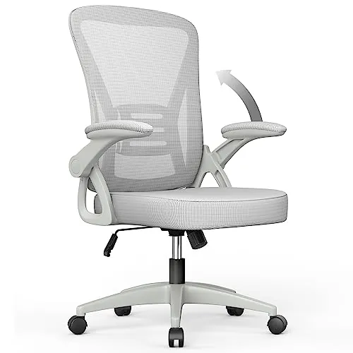 rattantree Silla de Oficina, Silla de Escritorio Ergonómica con Reposabrazos Plegables, Altura Ajustable, Soporte Lumbar, Silla Giratoria para Computadora con Cojín de Asiento Acolchado, Gris