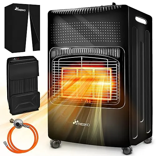 TRESKO Estufa de gas butano plegable 4200W | Estufa cerámica con regulador, manguera y cubierta de protección | Calefactor portátil con 3 niveles de potencia | Dispositivo de calefacción interior