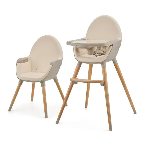 kk Kinderkraft FINI 2 Trona bebé 2 en 1, Silla Infantil, Trona portatil, Patas de Madera, Bandeja Ajustable, Fácil de limpiar, para niños, Beige