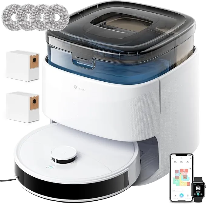 Lefant M3 Robot Aspirador y Fregasuelos, 12 000Pa, Cepillos Anti-Enredos, Doble Paño, Lavado/Secado Auto, Autovaciado, para Pelo de Mascotas, App y Voz