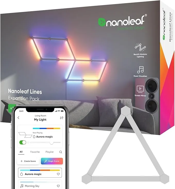 Nanoleaf Lines Paquete de extensión de 3 ángulo de 60° Barras de Luz LED RGBW Adicionales, Apliques de Pared Interior Modulares, Luces Led 16M Colores WiFi, Compatible Alexa Google Home, Decoración