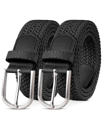 YOUCHAN Pack de 2 Cinturones Elásticos Trenzados Unisex 3.3 cm, Ajustables y Cómodos, para Hombre y Mujer Negro 120 cm