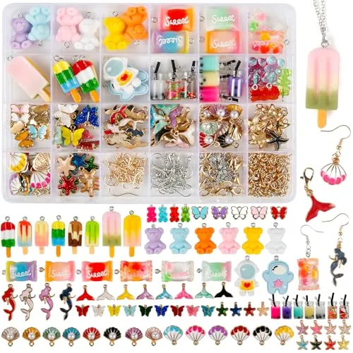 Victse Colgante Set, DIY Joyería Set para Collar, Mariposa Bubble Tea Colgante Llavero Gummy Bear Pendientes DIY Regalo (Set3)