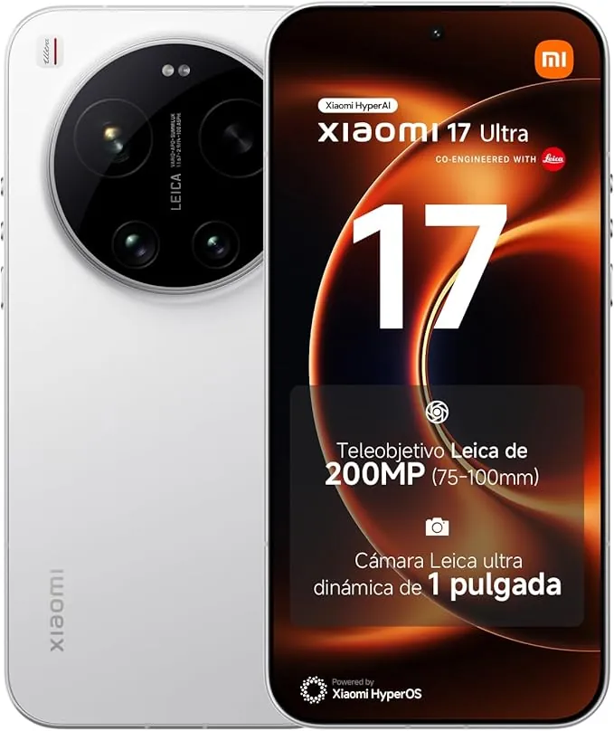XIAOMI 17 Ultra - Smartphone de 16+512GB, Teleobjetivo Leica de 200 MP (75-100 mm), Snapdragon 8 Elite Gen 5, HyperAI, 1 año de garantía Extra, Cargador no Incluido, Blanco (Versión ES)