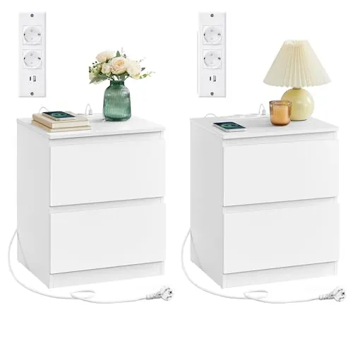 VASAGLE KAILYN Colección - Juego de 2, Mesita de Noche con Regleta de Enchufes, Mesa Auxiliar, 2 Cajones, 2 Tomas AC, 2 Puertos USB-A, Salón, Dormitorio, Blanco Nube LET821W02