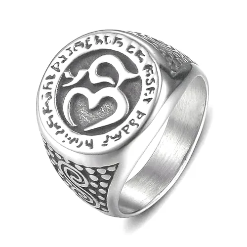 Anillo de acero de titanio con símbolo de OM espiritual, intrincado grabado, símbolos antiguos, duradero, hipoalergénico, joyería de meditación para yoga, S, Metal