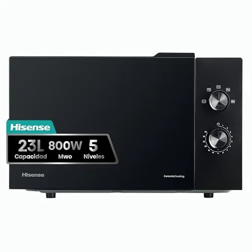 Hisense H23MOBP2H4 - Microondas 23 litros, 800W de potencia, mandos mecánicos giratorios, apertura Smart Tab, fácil limpieza con revestimiento interior cerámico, color Negro