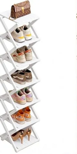 Zapatero de bambú - No requiere montaje, organizador de zapatos plegable, estantería multifuncional para recibidores, rincones y dormitorios, 7 estantes, color blanco (reforzado y de mayor grosor)